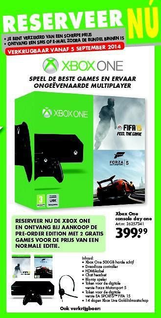 Aanbiedingen Xbox one console day one - Microsoft - Geldig van 09/08/2014 tot 24/08/2014 bij Bart Smit