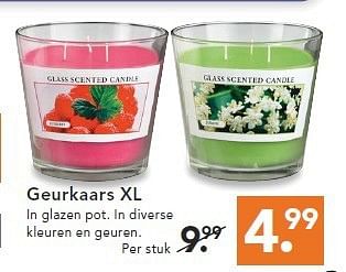 Aanbiedingen Geurkaars xl in glazen pot. in diverse kleuren en geuren - Huismerk - Blokker - Geldig van 09/08/2014 tot 17/09/2014 bij Blokker