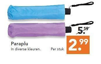 Aanbiedingen Paraplu in diverse kleuren - Huismerk - Blokker - Geldig van 09/08/2014 tot 17/09/2014 bij Blokker