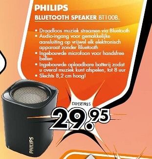 Aanbiedingen Philips bluetooth speaker bt100b - Philips - Geldig van 11/08/2014 tot 17/08/2014 bij Expert