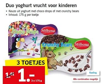Aanbiedingen Duo yoghurt vrucht voor kinderen - Milbona - Geldig van 11/08/2014 tot 13/08/2014 bij Lidl