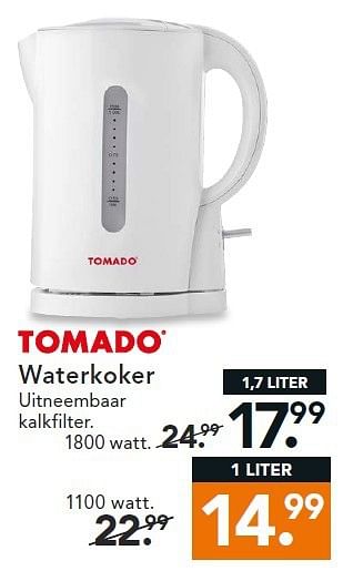 Aanbiedingen Tomado waterkoker uitneembaar kalkfilter - Tomado - Geldig van 11/08/2014 tot 20/08/2014 bij Blokker