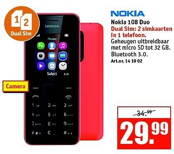 Aanbiedingen Nokia 108 duo - Nokia - Geldig van 11/08/2014 tot 24/08/2014 bij Kijkshop