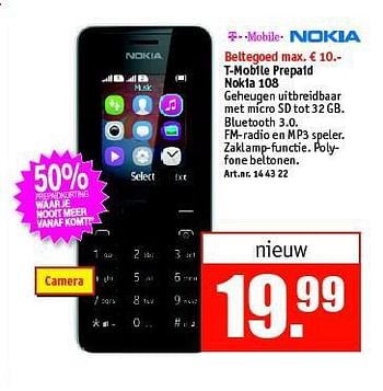Aanbiedingen T-mobile prepaid nokia 108 - Nokia - Geldig van 11/08/2014 tot 24/08/2014 bij Kijkshop