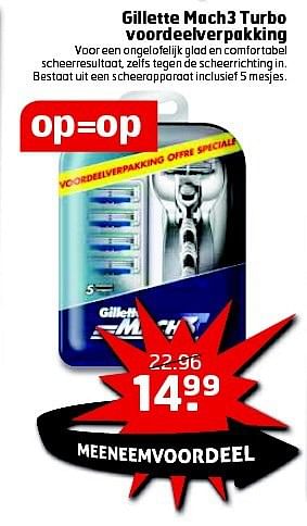 Aanbiedingen Gillette mach3 turbo voordeelverpakking - Gillette - Geldig van 12/08/2014 tot 17/08/2014 bij Trekpleister