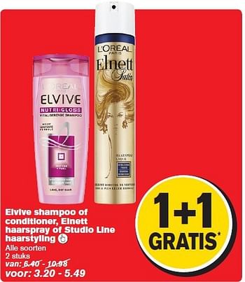 Aanbiedingen Elvive shampoo of conditioner,elnett haarspray of studio line haarstyling - L'Oreal Paris - Geldig van 13/08/2014 tot 19/08/2014 bij Hoogvliet
