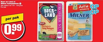 Aanbiedingen Boer en land of milner kaasplakken - Milner - Geldig van 13/08/2014 tot 19/08/2014 bij Hoogvliet