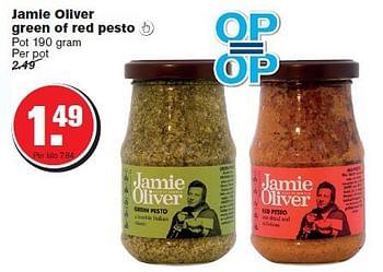 Aanbiedingen Jamie oliver green of red pesto - Jamie Oliver - Geldig van 13/08/2014 tot 19/08/2014 bij Hoogvliet