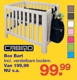 Aanbiedingen Box bart incl. verstelbare bodem - Cabino - Geldig van 13/08/2014 tot 10/09/2014 bij Baby & Tiener Megastore
