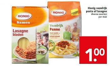 Aanbiedingen Honig vezelrijk pasta of lasagne - Honig - Geldig van 17/08/2014 tot 23/08/2014 bij Deen Supermarkten