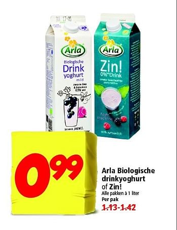 Aanbiedingen Arla biologische drinkyoghurt of zin - Arla - Geldig van 17/08/2014 tot 23/08/2014 bij Plus