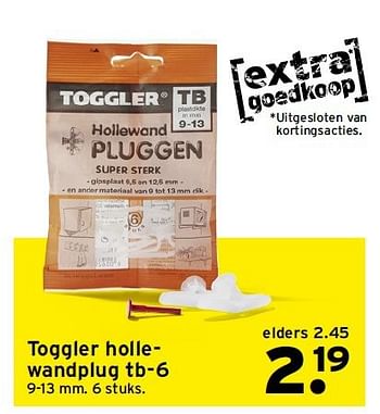 Aanbiedingen Toggler hollewandplug tb-6 - Toggler - Geldig van 18/08/2014 tot 24/08/2014 bij Gamma