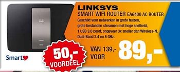 Aanbiedingen Linksys smart wifi router ea6400 ac router - Linksys - Geldig van 18/08/2014 tot 31/08/2014 bij Electro World