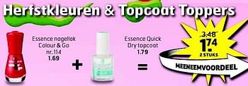 Aanbiedingen Essence nagellak colour + go +essence quick dry topcoat - Essence - Geldig van 19/08/2014 tot 31/08/2014 bij Trekpleister