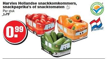 Aanbiedingen Harvies hollandse snackkomkommers,snackpaprika`s of snacktomaten - Harvies - Geldig van 20/08/2014 tot 26/08/2014 bij Hoogvliet