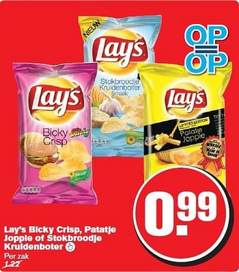 Aanbiedingen Lay`s bicky crisp, patatje joppie of stokbroodje kruidenboter - Lay's - Geldig van 20/08/2014 tot 26/08/2014 bij Hoogvliet