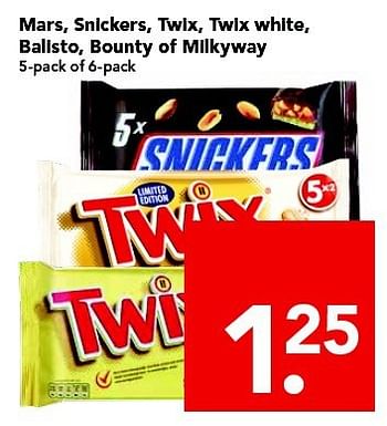 Aanbiedingen Mars, snickers, twix, twix white, balisto, bounty of milkyway - Bounty - Geldig van 24/08/2014 tot 30/08/2014 bij Deen Supermarkten