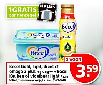 Aanbiedingen Becel gold,light,dieet of omega 3 plus of becel keuken of vloeibaar light - Becel - Geldig van 24/08/2014 tot 30/08/2014 bij Plus
