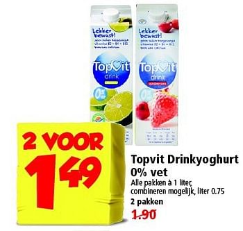 Aanbiedingen Topvit drinkyoghurt 0% vet - Topvit - Geldig van 24/08/2014 tot 30/08/2014 bij Plus