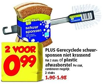 Aanbiedingen Plus gerecyclede schuursponsen niet krassend of plastic afwasborstel - Huismerk - Plus - Geldig van 24/08/2014 tot 30/08/2014 bij Plus