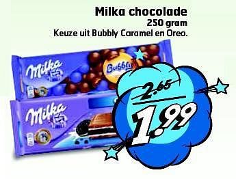Aanbiedingen Milka chocolade keuze uit bubbly caramel en oreo - Oreo - Geldig van 26/08/2014 tot 31/08/2014 bij Trekpleister