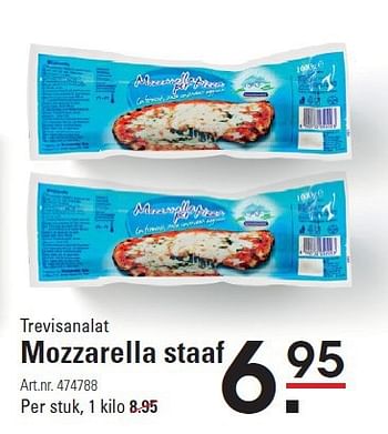 Aanbiedingen Trevisanalat mozzarella staaf - Trevisanalat - Geldig van 28/08/2014 tot 15/09/2014 bij Sligro