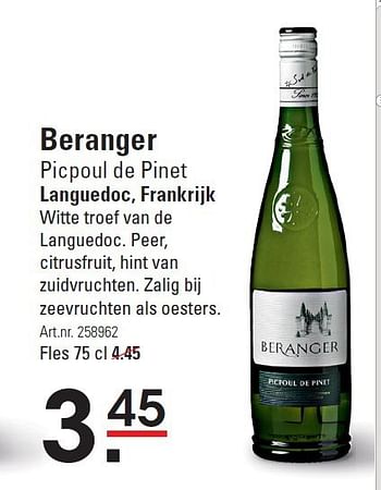 Aanbiedingen Beranger picpoul de pinet languedoc, frankrijk - Witte wijnen - Geldig van 28/08/2014 tot 15/09/2014 bij Sligro