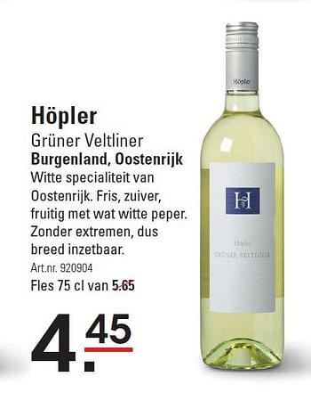 Aanbiedingen Höpler grüner veltliner burgenland, oostenrijk - Witte wijnen - Geldig van 28/08/2014 tot 15/09/2014 bij Sligro