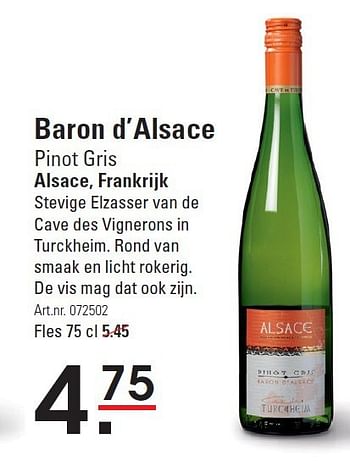 Aanbiedingen Baron d`alsace pinot gris alsace, frankrijk - Witte wijnen - Geldig van 28/08/2014 tot 15/09/2014 bij Sligro