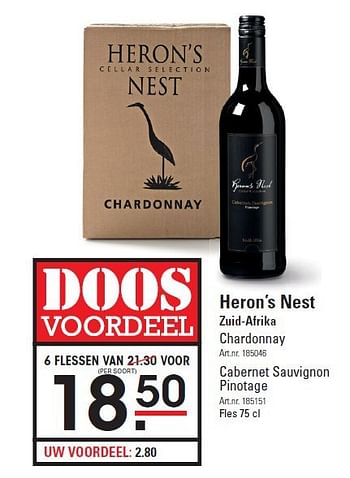 Aanbiedingen Heron`s nest zuid-afrika chardonnay - Rode wijnen - Geldig van 28/08/2014 tot 15/09/2014 bij Sligro