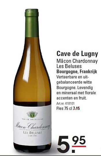 Aanbiedingen Cave de lugny mâcon chardonnay les beluses bourgogne, frankrijk - Witte wijnen - Geldig van 28/08/2014 tot 15/09/2014 bij Sligro