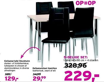 Aanbiedingen 5-delige set: 1 tafel 140x90 cm + 4 stoelen - Huismerk - Leen Bakker - Geldig van 31/08/2014 tot 13/09/2014 bij Leen Bakker