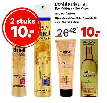 Aanbiedingen L`oréal paris elnett, everriche en everpure alle varianten - L'Oreal Paris - Geldig van 01/09/2014 tot 14/09/2014 bij Etos