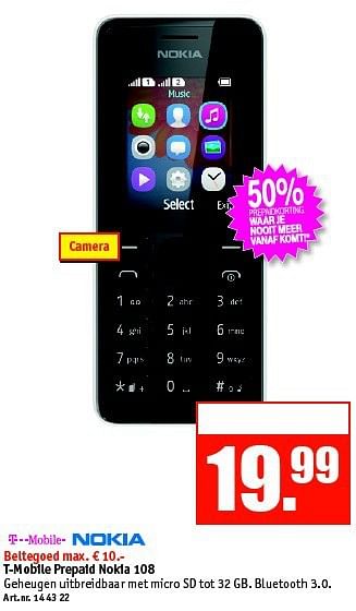 Aanbiedingen T-mobile prepaid nokia 108 - Nokia - Geldig van 01/09/2014 tot 14/09/2014 bij Kijkshop