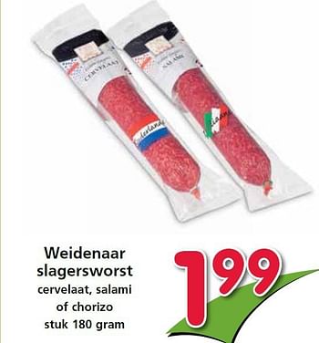 Aanbiedingen Weidenaar slagersworst cervelaat, salami of chorizo - Weidenaar - Geldig van 04/09/2014 tot 10/09/2014 bij Attent