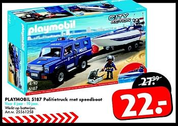Aanbiedingen Playmobil 5187 politietruck met speedboot - Playmobil - Geldig van 06/09/2014 tot 21/09/2014 bij Bart Smit