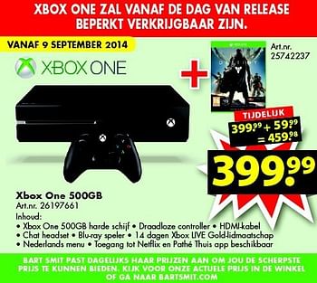 Aanbiedingen Xbox one 500gb - Microsoft - Geldig van 06/09/2014 tot 21/09/2014 bij Bart Smit