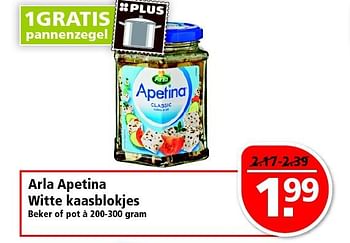 Aanbiedingen Arla apetina witte kaasblokjes - apetina - Geldig van 07/09/2014 tot 13/09/2014 bij Plus