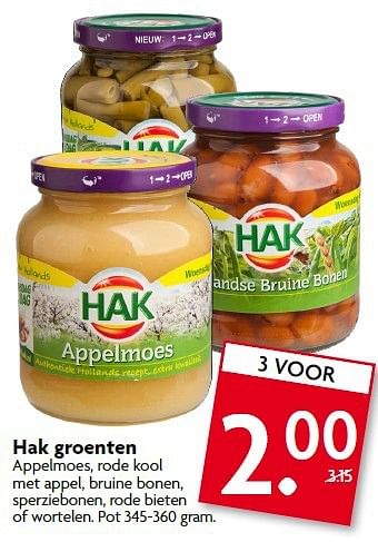 Aanbiedingen Hak groenten appelmoes, rode kool met appel, bruine bonen - Hak - Geldig van 07/09/2014 tot 13/09/2014 bij Deka Markt