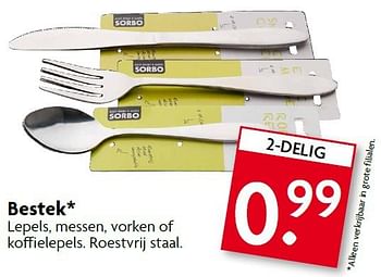 Aanbiedingen Bestek lepels, messen, vorken of koffielepels. roestvrij staal - Sorbo - Geldig van 07/09/2014 tot 13/09/2014 bij Deka Markt