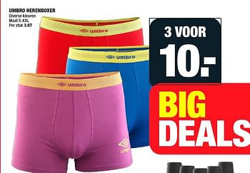 Aanbiedingen Umbro herenboxer diverse kleuren maat s-xxl - Umbro - Geldig van 08/09/2014 tot 14/09/2014 bij Big Bazar