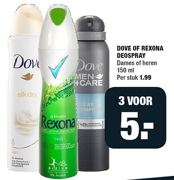 Aanbiedingen Dove of rexona deospray dames of heren - Dove - Geldig van 08/09/2014 tot 14/09/2014 bij Big Bazar