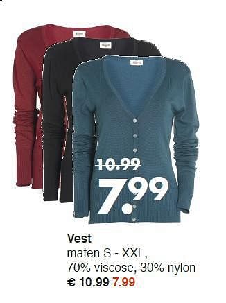 Aanbiedingen Vest maten s - xxl, 70% viscose, 30% nylon - Huismerk - Wibra - Geldig van 08/09/2014 tot 20/09/2014 bij Wibra