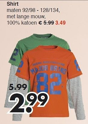 Aanbiedingen T-shirt maten 92-98 - 128-134, 100% katoen, met lange mouw - Huismerk - Wibra - Geldig van 08/09/2014 tot 20/09/2014 bij Wibra
