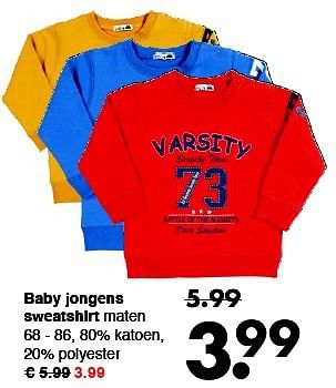 Aanbiedingen Baby jongens sweatshirt - Huismerk - Wibra - Geldig van 08/09/2014 tot 20/09/2014 bij Wibra