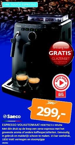 Aanbiedingen Saeco espresso volautomaat hd8750-11 - Saeco - Geldig van 08/09/2014 tot 21/09/2014 bij De Harense Smid