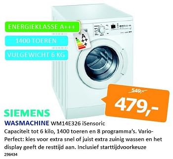 Aanbiedingen Siemens wasmachine wm14e326 - Siemens - Geldig van 08/09/2014 tot 21/09/2014 bij De Harense Smid