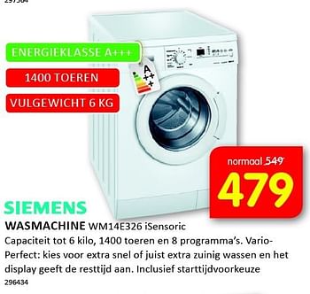 Aanbiedingen Siemens wasmachine wm14e326 isensoric - Siemens - Geldig van 08/09/2014 tot 21/09/2014 bij It's Electronics