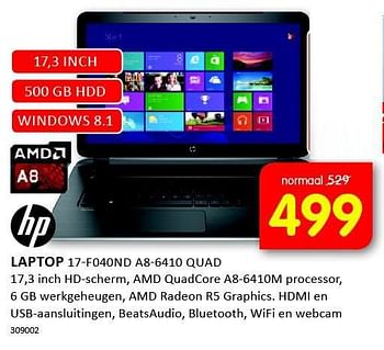 Aanbiedingen Hp laptop 17-f040nd a8-6410 quad - HP - Geldig van 08/09/2014 tot 21/09/2014 bij It's Electronics