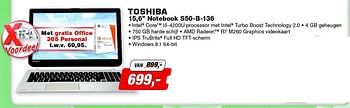 Aanbiedingen Toshiba 15,6 notebook s50-b-136 - Toshiba - Geldig van 08/09/2014 tot 21/09/2014 bij ElectronicPartner